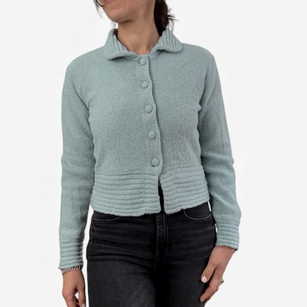 Vintage Cache Aqua Blue Button-Up Collared Cardigan